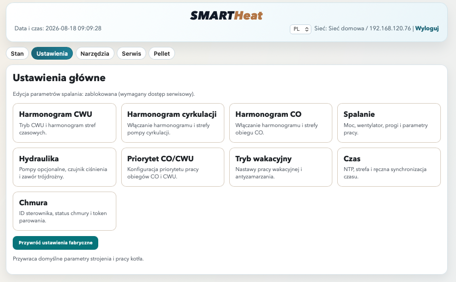 SmartHeat - ustawienia główne web aplikacji